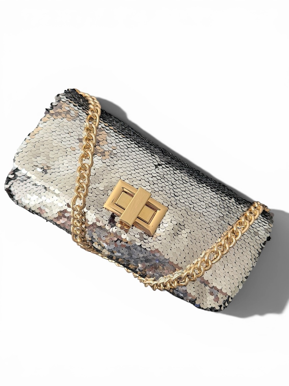 H&M Women’s Silver Sequin Shoulder Bag Metallic Chain Party Purse